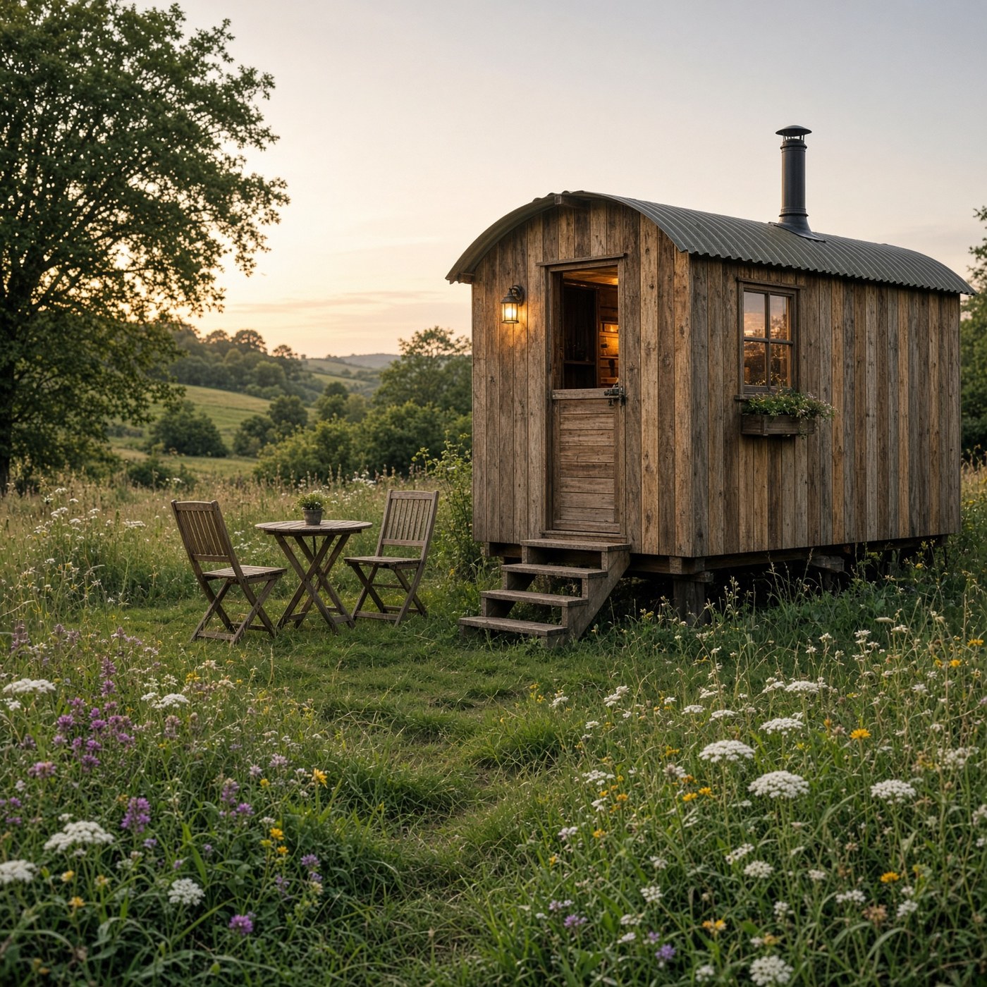 The Shepherd’s Hut outside, in the field